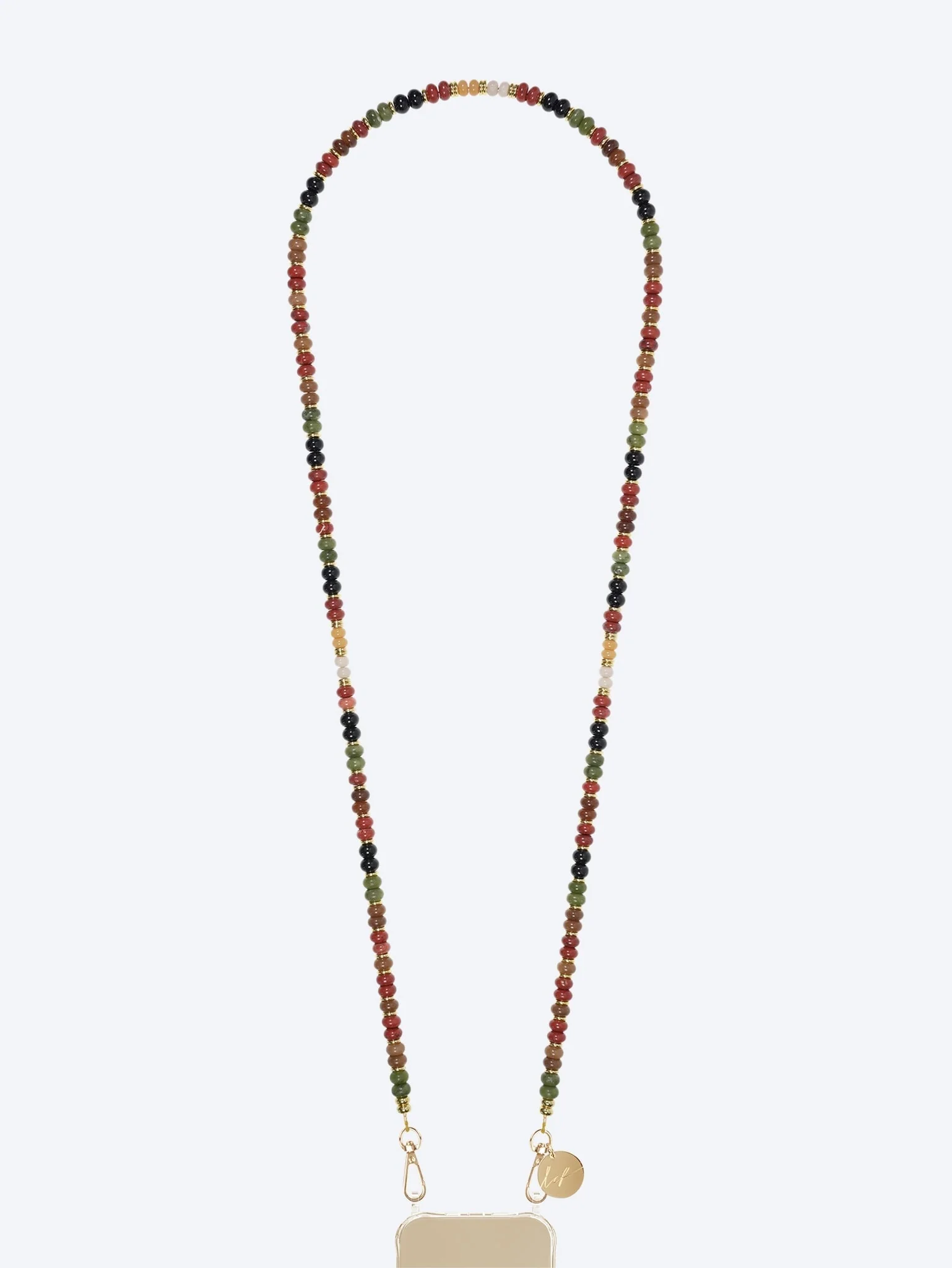 Long joyce semi-precious terracotta, khaki and black pearl chain 120cm